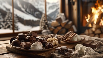 A rustic alpine chalet setting with a platter of assorted Swiss chocolates, with a roaring fireplace and snowcapped mountains outside the window