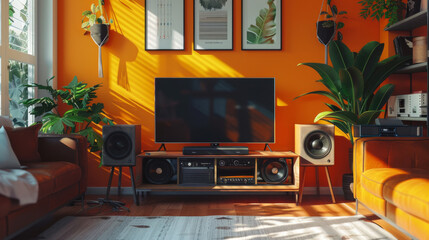A wooden bedside table with a large TV and speakers against the background of an orange bright wall. Modern living room interior design. Design concept.