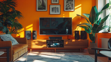 A wooden bedside table with a large TV and speakers against the background of an orange bright wall. Modern living room interior design. Design concept.