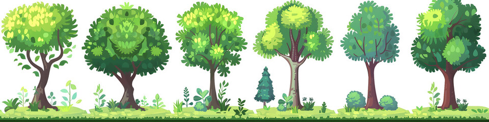 Fototapeta premium Pixel trees and bushes collection for arcade game assets isolated on white background