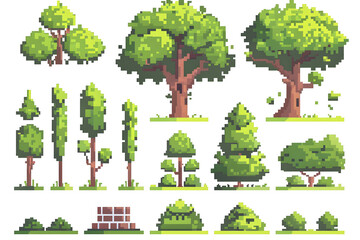 Pixel trees and bushes collection for arcade game assets isolated on white background