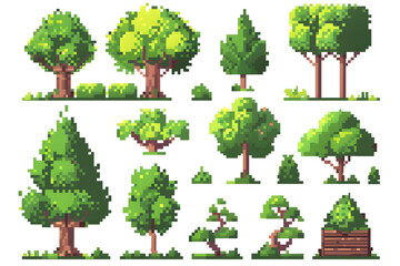 Pixel trees and bushes collection for arcade game assets isolated on white background