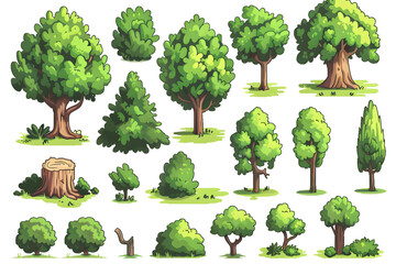 Fototapeta premium Pixel trees and bushes collection for arcade game assets isolated on white background
