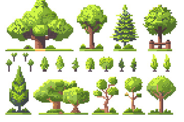 Fototapeta premium Pixel trees and bushes collection for arcade game assets isolated on white background