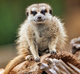 Fototapeta premium Adorable meerkat pup looking directly ahead with an inquisitive, curious expression