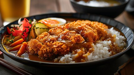 A serving of Japanese katsu curry with a glass of barley tea