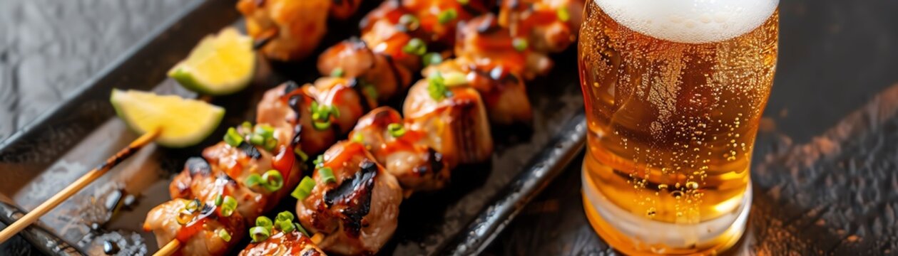 Create an illustration of a plate of Yakitori next to a frosty glass of beer