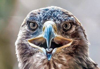 Close-up shot of a Golden eagle with its beak open, revealing sharp teeth