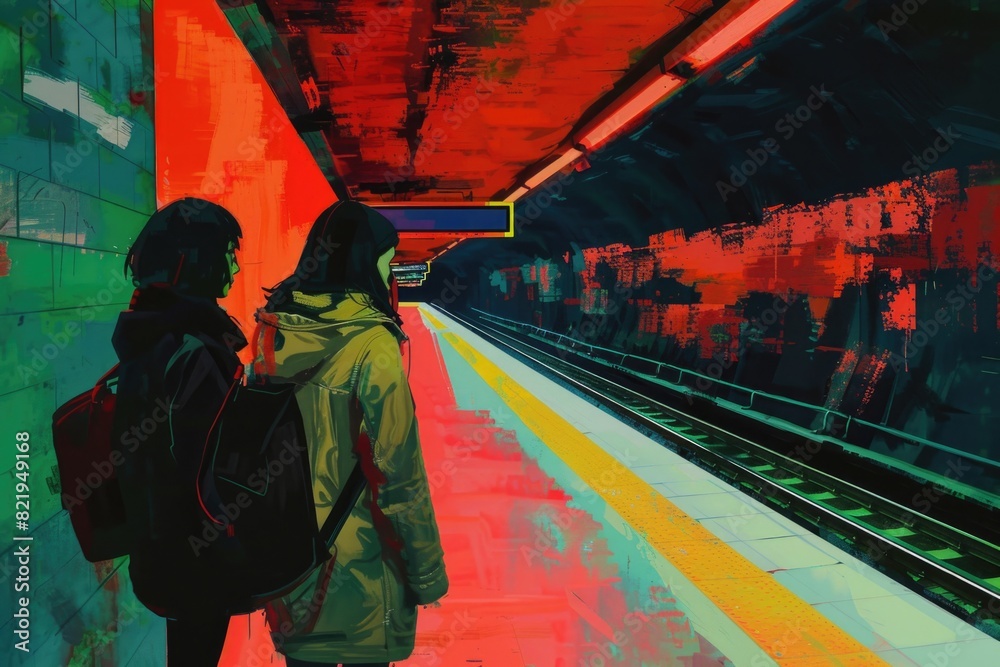 Poster a painting of two individuals waiting for a train. suitable for transportation-related projects