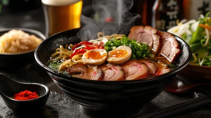 Fototapeta premium A steaming bowl of ramen with pork, eggs, and vegetables