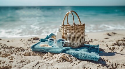 beach with rattan bag White sunglasses, sunscreen, on a blue towel summer essentials for protecting your skin from the sun on the beach on vacation.