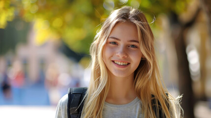 Fototapeta premium Portrait of a happy blonde teenager with a backpack walking in the park. Young female student enjoying time outdoors. Active lifestyle.