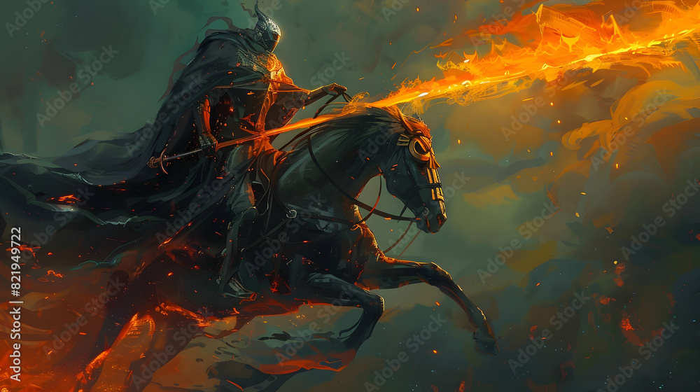Sticker The ghost king riding a horse and holding a flaming sword, digital art style, illustration painting - Stickers