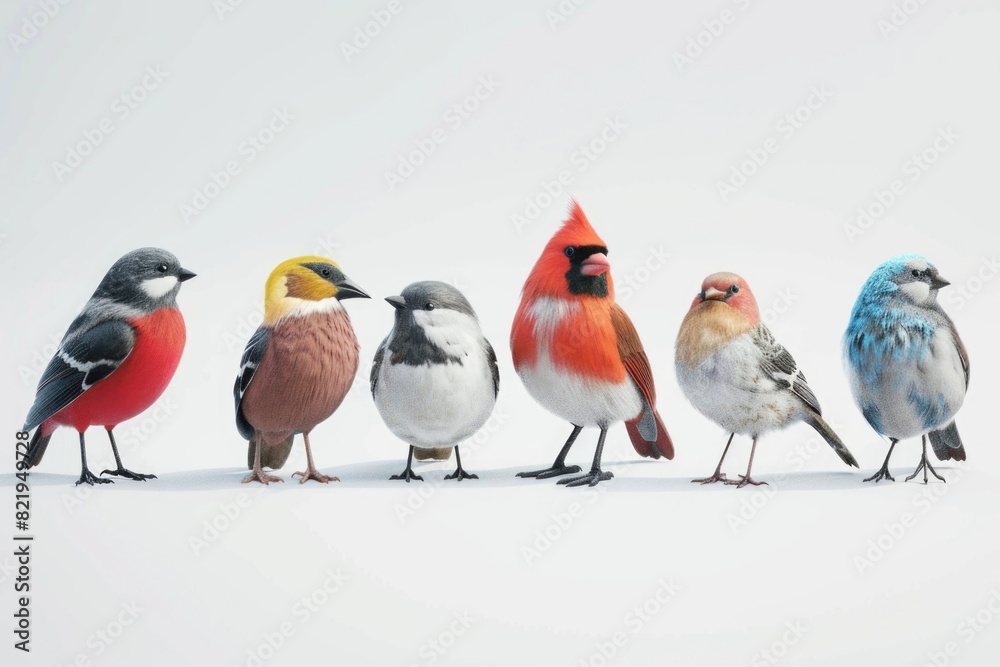 Poster A group of colorful birds standing in a straight line. Ideal for nature or wildlife concepts