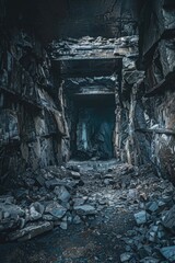 A dark tunnel with rocks and debris on the ground. Suitable for industrial, construction, or horror-themed designs