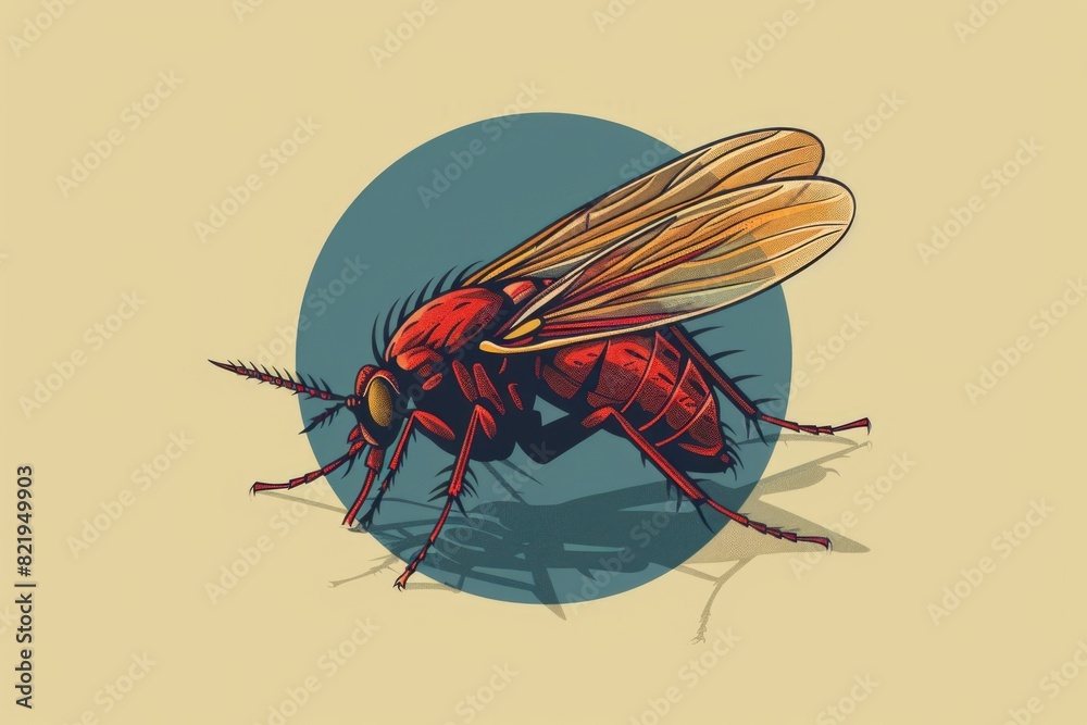 Poster close-up of a red fly insect on a vibrant yellow background. ideal for nature and science-related pr