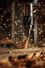 A machine cutting wood with a circular cutter. Ideal for industrial and construction concepts