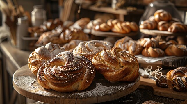 A traditional Finnish bakery with a display of pulla and karjalanpiirakka, with a cozy, Scandinavian interior design