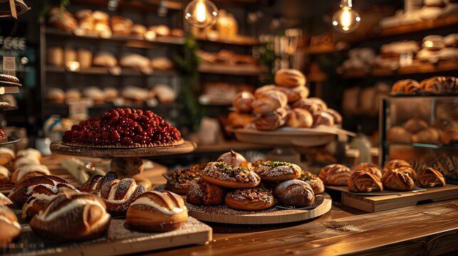 A traditional Finnish bakery with a display of pulla and karjalanpiirakka, with a cozy, Scandinavian interior design