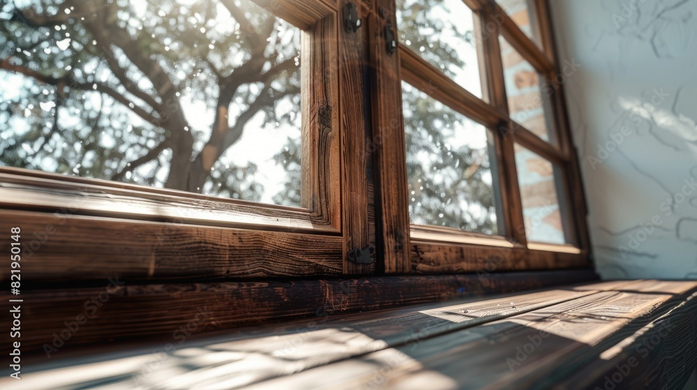 Poster Close up of a window with a tree in the background. Suitable for home decor or nature themes
