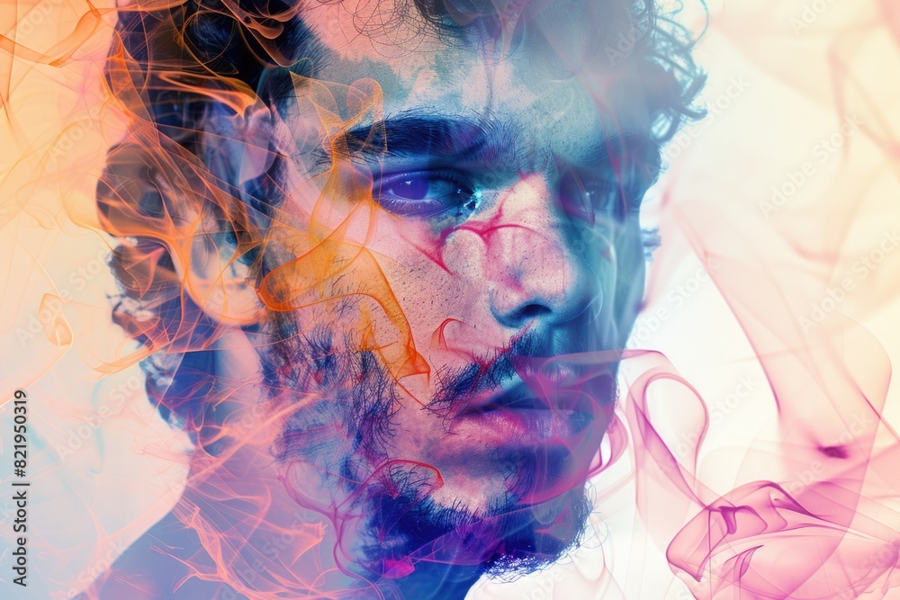 Poster a close up of a person with smoke in the air. suitable for various creative projects