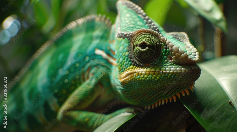 Poster A close up of a chameleon on a leaf. Suitable for nature and animal themes