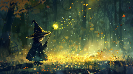 The little witch cast a spell with her magic wand on the ground, digital art style, illustration painting