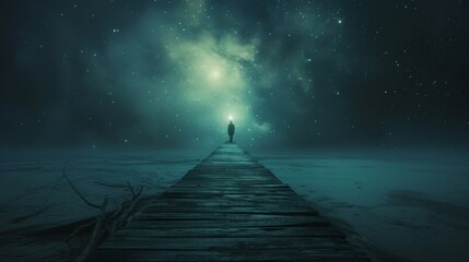 Fototapeta premium A lone figure stands at the end of a wooden pier under a brightly lit starry sky, evoking a sense of mystery and exploration.