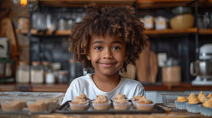Happy African American child is smiling joyfully in kitchen. Fun adorable messy food. Helping mom