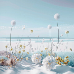 Beautiful summer concept with fresh flowers on a white sandy sea beach. Soft color tones.
