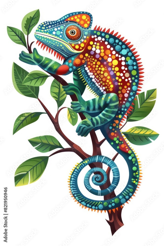 Poster a vibrant chameleon perched on a tree branch. perfect for nature and wildlife themes