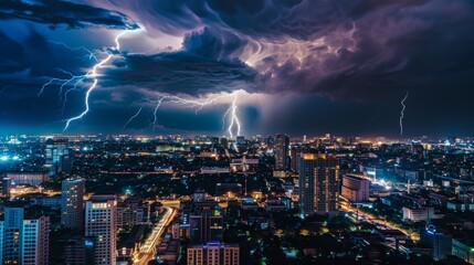 A lightning storm over a cityscape at night, with frequent, bright flashes illuminating the skyscrapers and casting dramatic shadows, highlighting the contrast between nature and urban life
