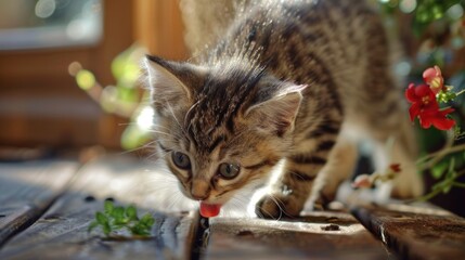 Cute kitten investigating a flower, suitable for pet and nature themes