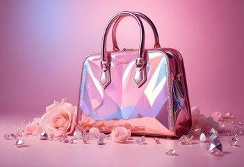 Holograficzna ekskluzywna różowa torebka ze skóry naturalnej. Luksusowy dodatek z  kwiatami dookoła torebki