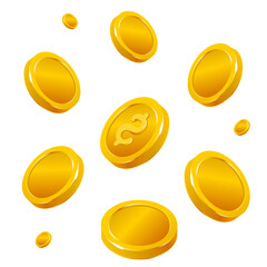 Realistic 3D gold coins with a dollar sign on a white background. Falling or flying money. Jackpot, casino poker, or a winning element.