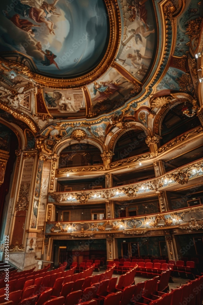 Poster interior of a theater with red seats and a painted ceiling. suitable for entertainment or architectu