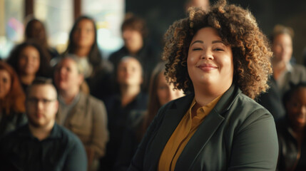 Fototapeta premium Portrait of a plus size business woman looking at the camera while standing in the office. African American business woman leads thornig. Business concept.