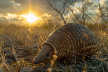 A detailed shot of a small armadillo in a natural field setting. Suitable for wildlife and nature concepts