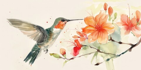 Watercolor painting of a warbler looking for nectar from a flower. Use for wallpapers, posters, postcards, brochures.