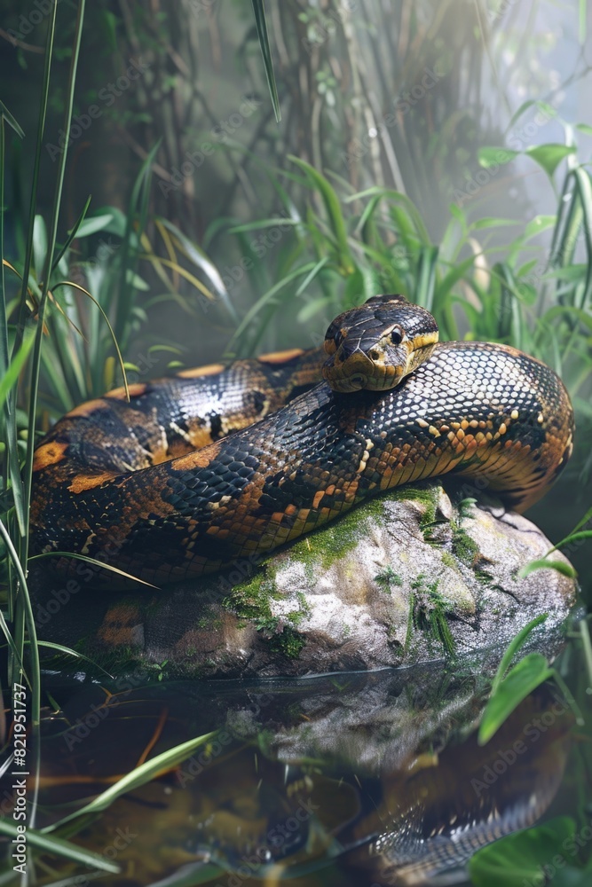 Poster a snake sitting on top of a rock in the water. suitable for nature and wildlife concepts