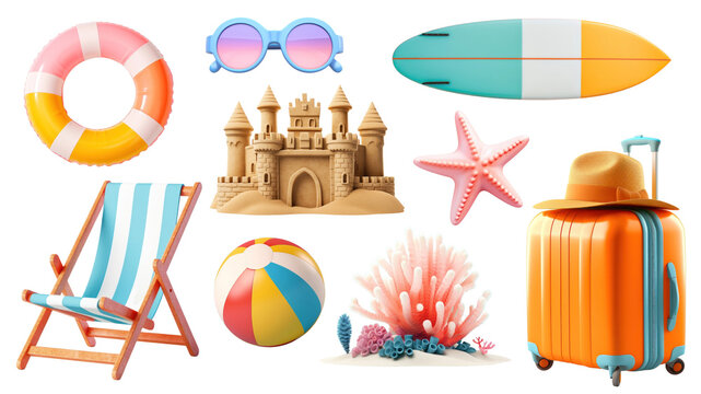 Summer stuff png element set on transparent background