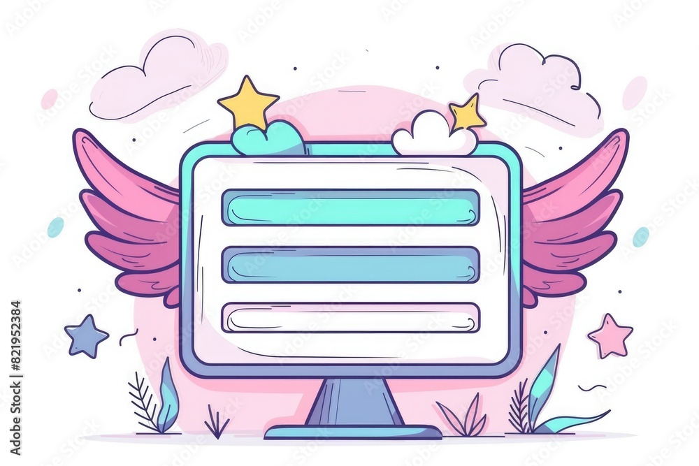 Poster A computer screen with wings and stars, suitable for technology concepts