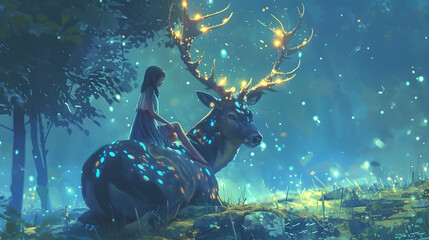 The young girl sitting on her magic stag with the glowing horns, digital art style, illustration...