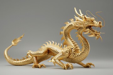 A majestic golden dragon statue on a sleek gray surface, perfect for fantasy and mythology themed projects