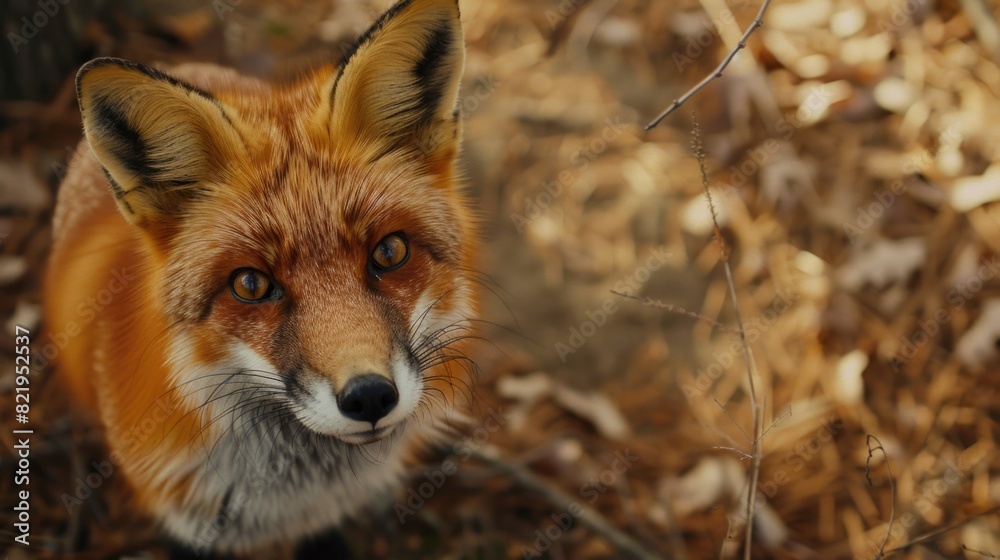 Poster close-up of a red fox looking directly at the camera. suitable for various nature and wildlife theme