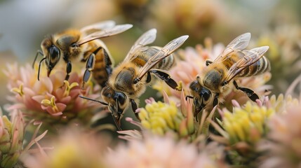 Close-up of bees feasting on blooming plants in a vibrant garden; crucial pollinators enhancing diversity.