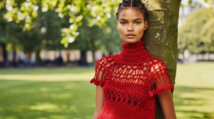 Fototapeta premium Elegant Woman in Fashionable Red Crochet Top Posing in Park