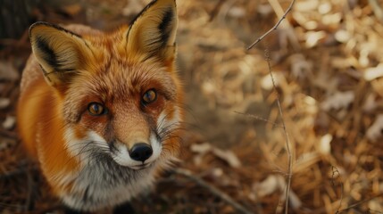 Fototapeta premium Close-up of a red fox looking directly at the camera. Suitable for various nature and wildlife themes