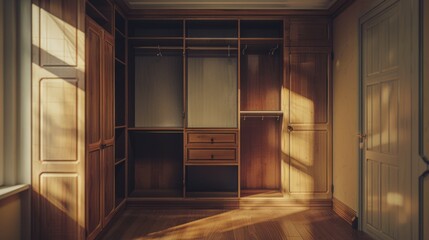 Interior of a room with a closet and a window. Suitable for home decor or real estate concepts