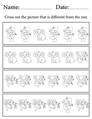 Koala Puzzle. Printable Activity Page for Kids. Educational Resources for School for Kids. Kids Activity Worksheet. Find the Different Object